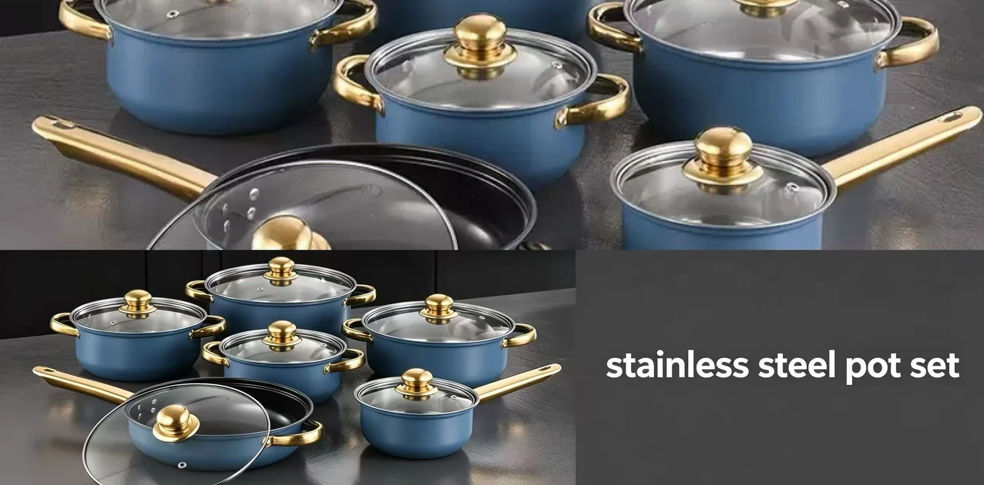 Coordinated blue stainless steel pots and pans